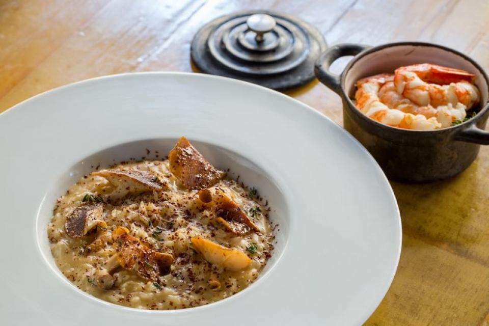 Risotto de cogumelos , camarão e cacau 80%