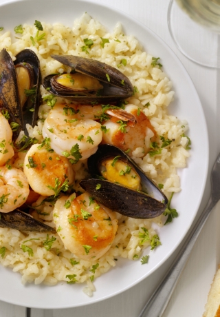 Seafood Risotto with Fresh Parsley and Focaccia Bread
